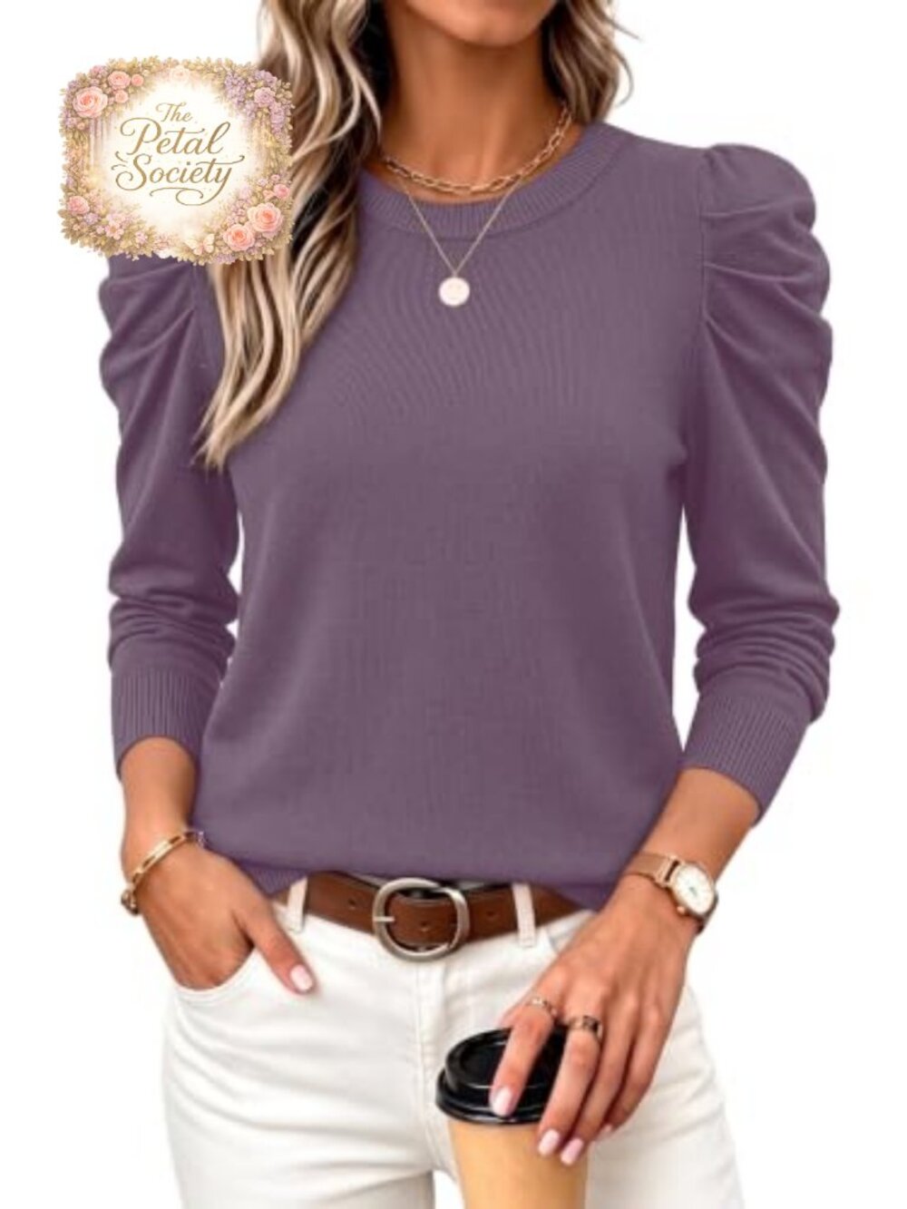 Womens Long Sleeve Puff Sleeve Crew Neck Sweater Pullover